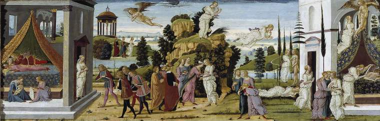 A long landscape painting of a renaissance scene, with lots of figures in it. Many of them are repeated multiple times throughout the scene.