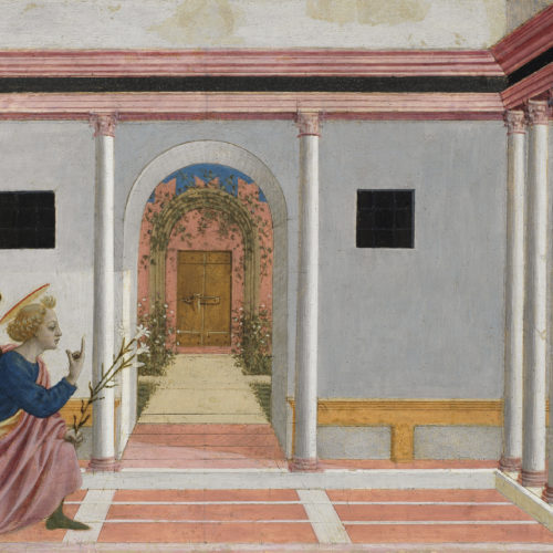 A painting of a room with a pink floor and grey-white walls. An angel kneels and points upwards, holding a flower, in the direction of the Virgin Mary, a woman in blue with a halo over her head.