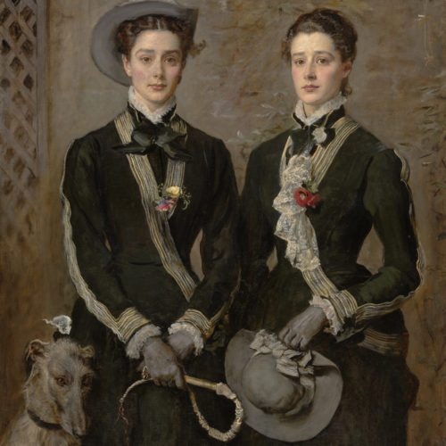 A painting of two identical young women, in similar smart coats and neckties. One holds a hat and the other holds a riding crop, and to the bottom left of the portrait sits a wiry-haired sighthound.