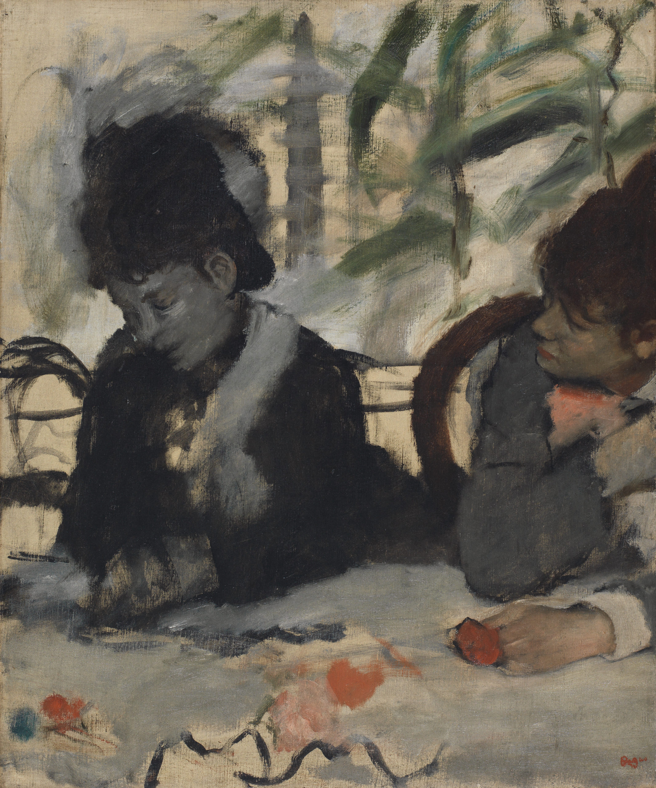 An unfinished painting of two women sitting at a table, on wooden chairs. They look solemn, and are fiddling with the table cloth. One woman looks down at her hands and another looks at her companion.