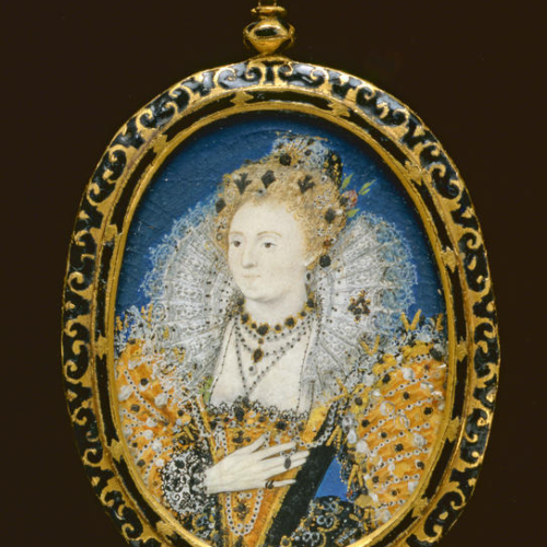 an oval miniature painting of Queen Elizabeth I wearing a gold dress, white ruff and jewels.