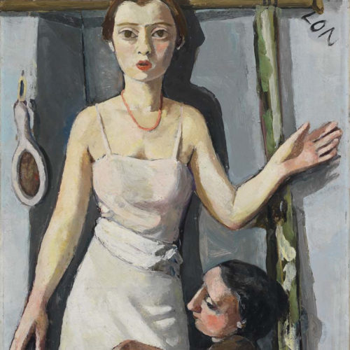 A painting of a dressmaker fitting a white dress to a lady. painted by Marie Louise von Motesïczky