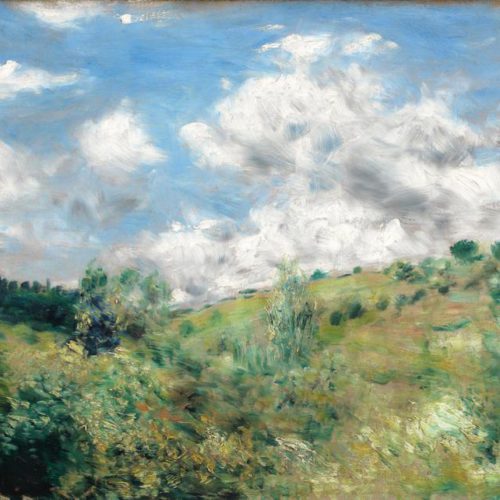 A painting by Renoir of a meadow and gust of wind blowing clouds
