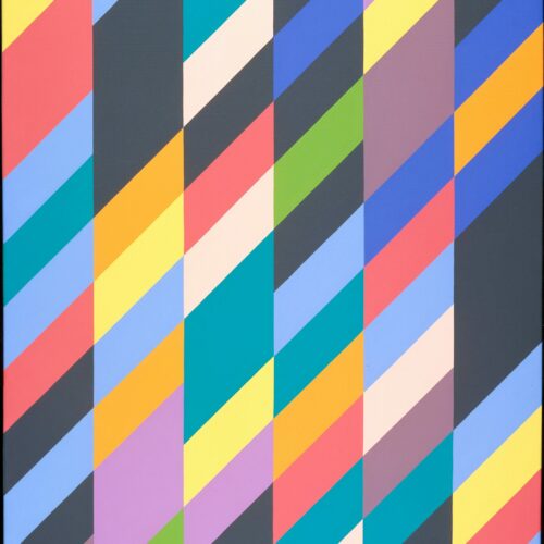 A photograph of the artwork Shadow Play, by Bridget Riley. The artwork consists of tens of diagonal stripes in different colours of blues, yellows, greens, pinks, and greys.