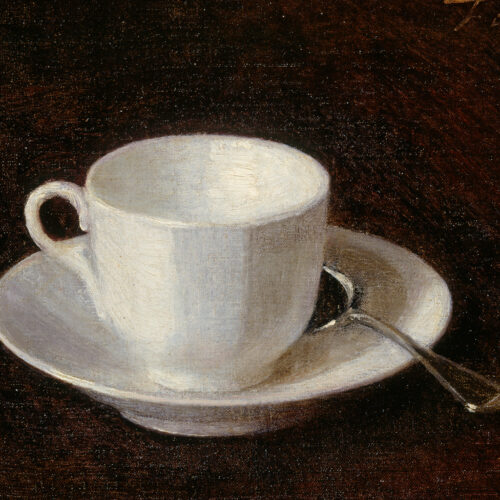 A painting of a white tea cup on a white saucer witha silver spoon. These three things are against a dark brown background.