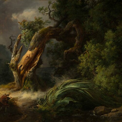 A painting of a tree and some reeds in stormy weather. The tree is broken across its trunk and the reeds are bending over in the wind.