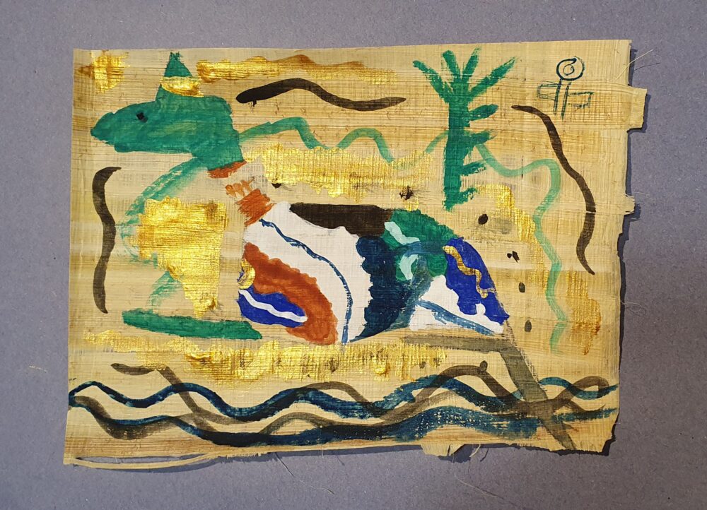 A student's papyrus painting of Anubis