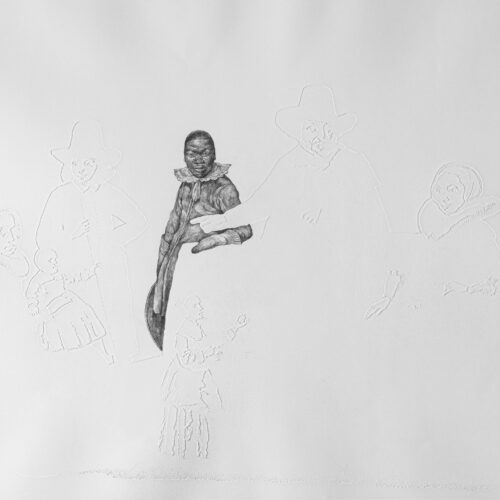 A graphite drawing of a young Black man wearing a ruff. he is surrounded by embossed outlines of various people.